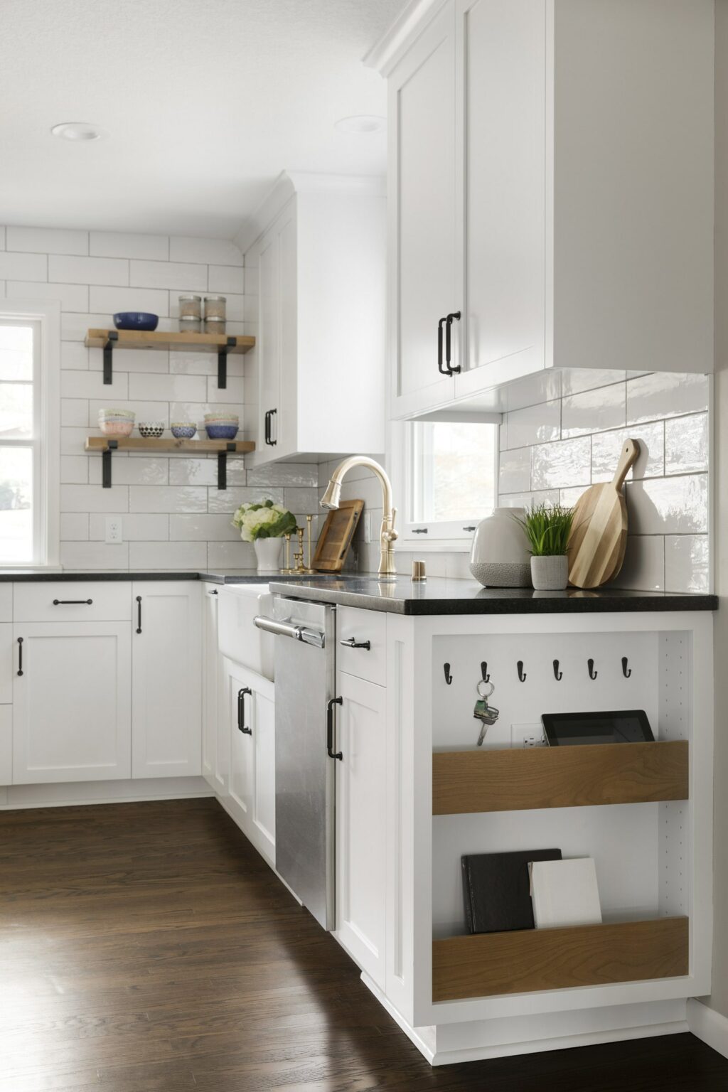 Minnesota kitchen remodel with white tile backsplash and white cabinetry. 