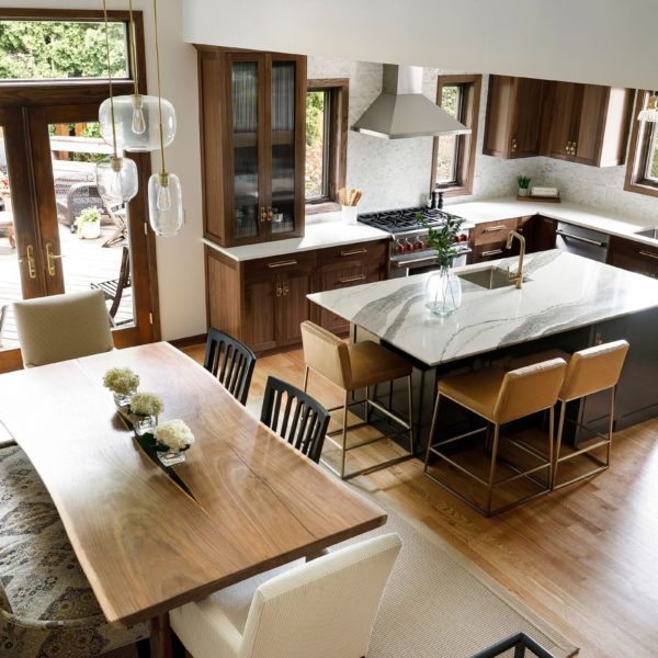 Kitchen with multiple seating areas.