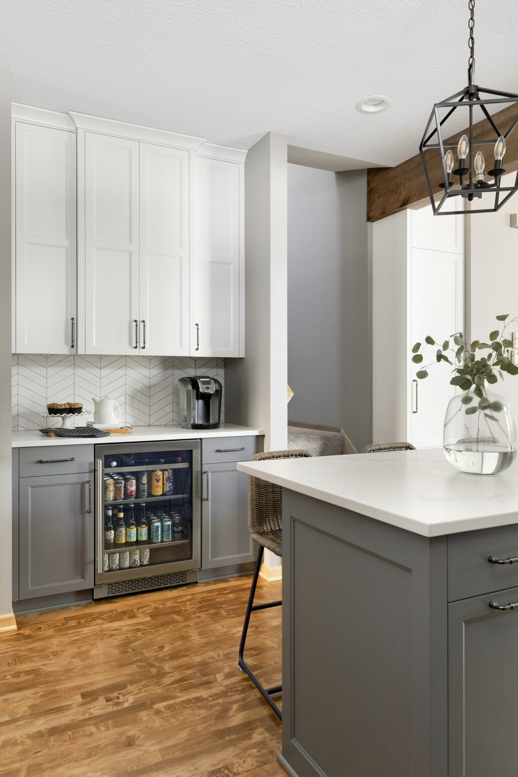 Gray and white kitchen cabinetry.