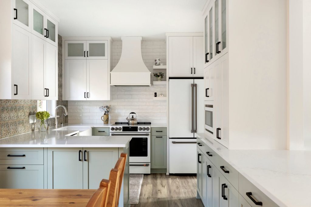 Gray and white kitchen after remodeling job was complete.