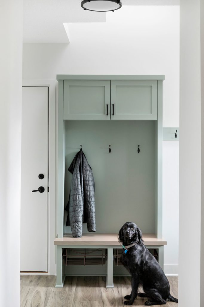 Front entry/mudroom remodel with bench and brown dog.