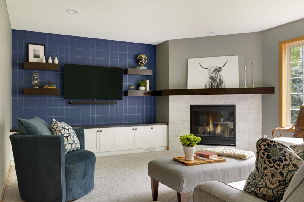 Living room with open floating shelf.