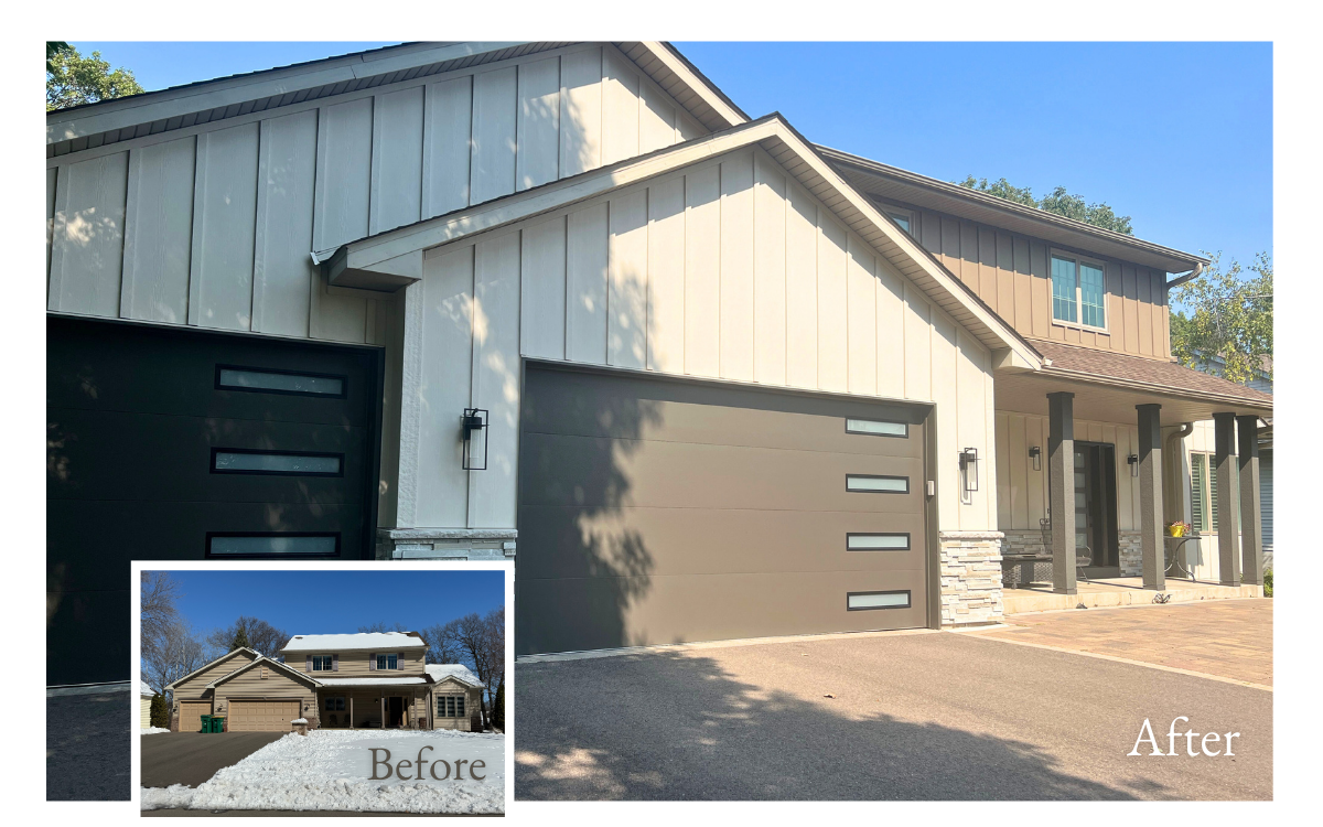 Before and after images showing the front and garage of a home