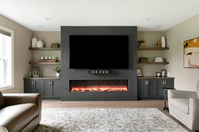 Fireplace with big flatscreen tv in living room