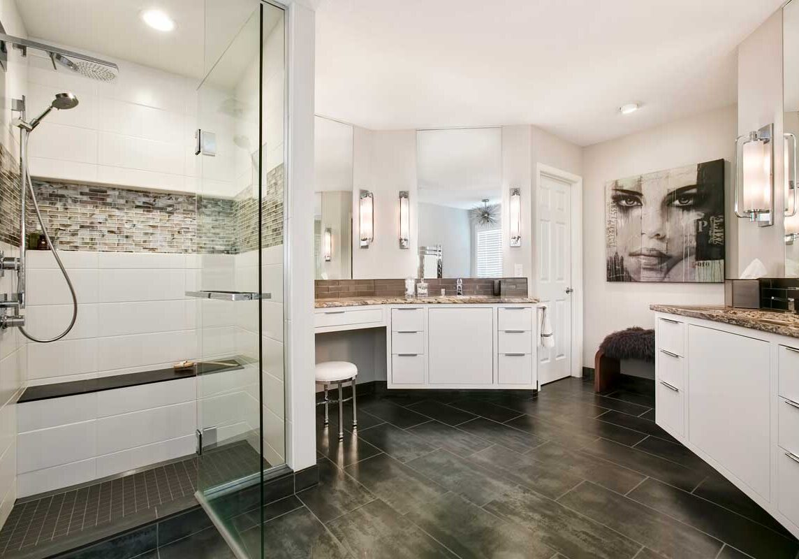 Bathroom-Remodel-Dark-Tile Open bathroom remodel with dark tile flooring