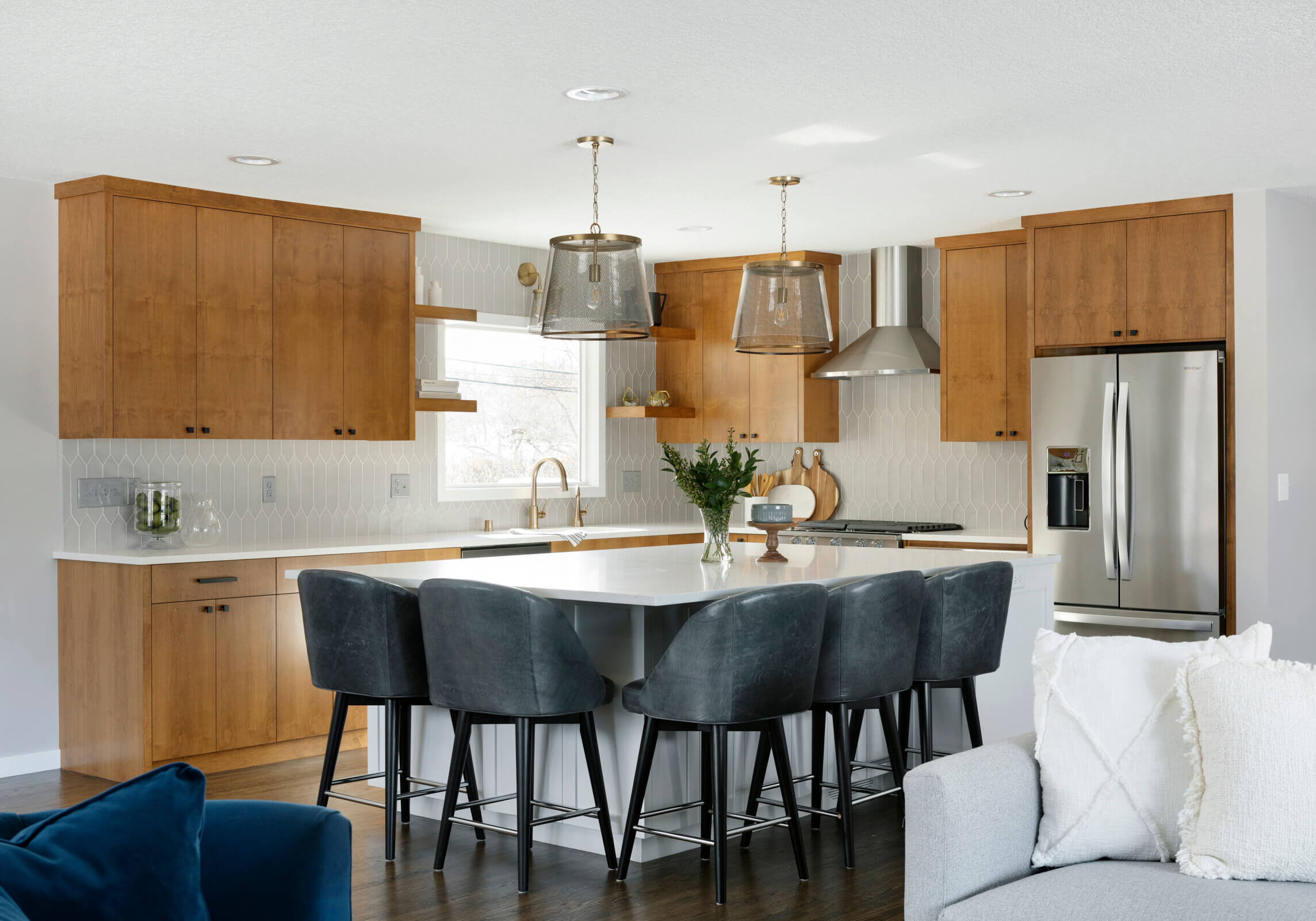 Newly remodeled kitchen with an island seating area